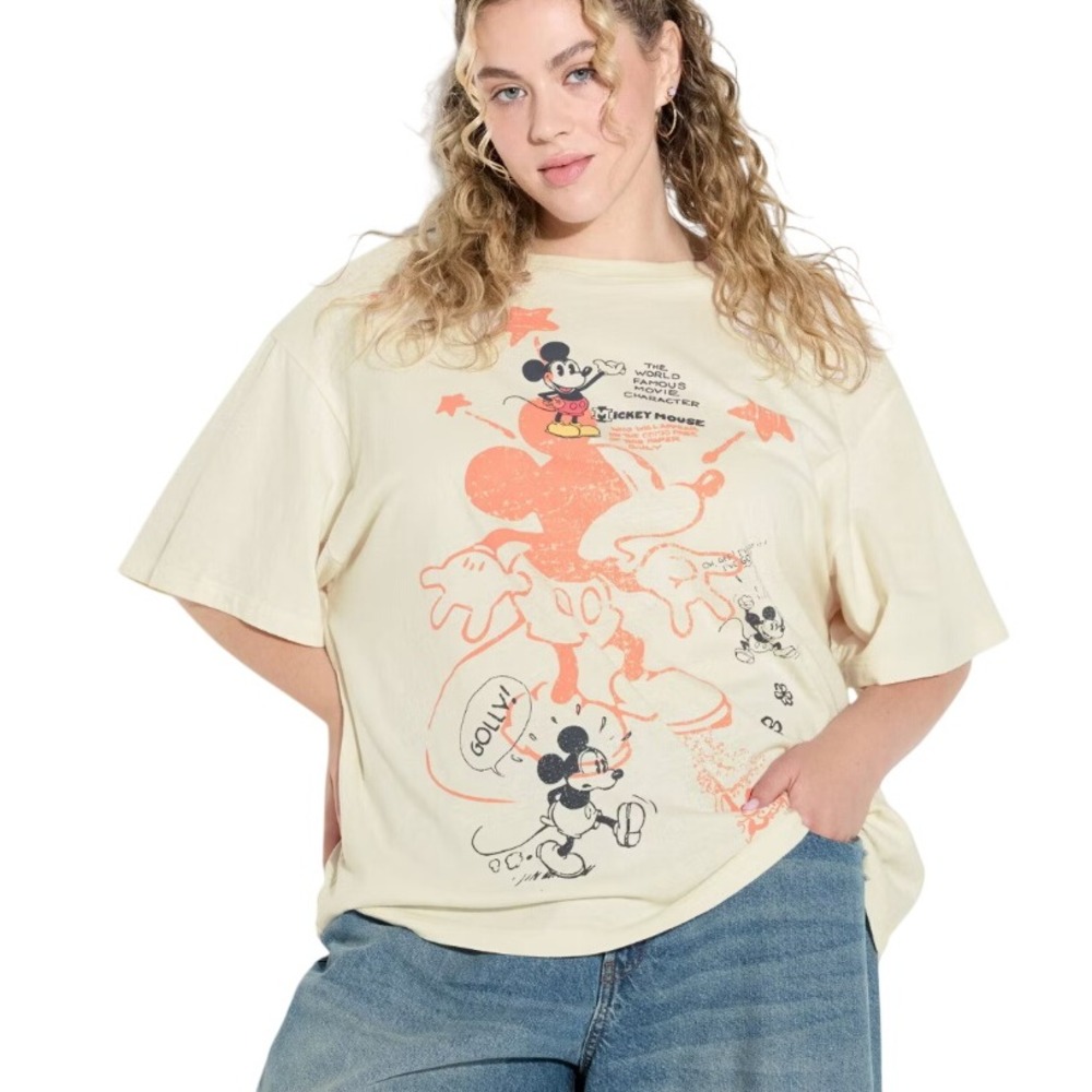 Disney Mickey Mouse Scribble Oversized Graphic‎ T-Shirt Cream Womens XS